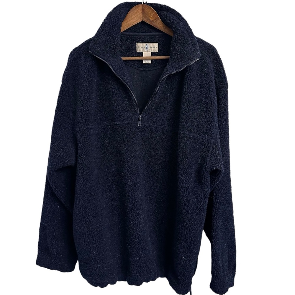 River Trader Sherpa Fleece 1/4 Zip Pullover Blue Men’s Large Pockets Cinch Hem